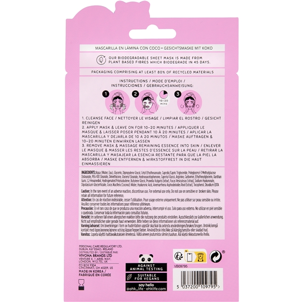 Oh K! Coconut Sheet Mask with Hylauronic Acid (Billede 3 af 3)